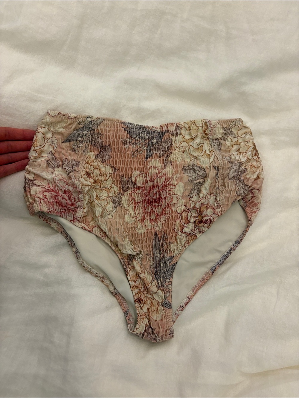 Triangl Europe collection ruched smocked High-Waist Floral Swim Bottoms in Blush